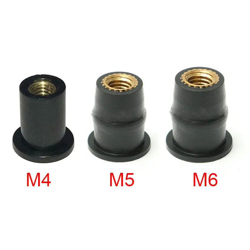 Black motorcycle rubber expansion nuts with brass threads in M4 M5 M6 sizes, set of 10 pieces.