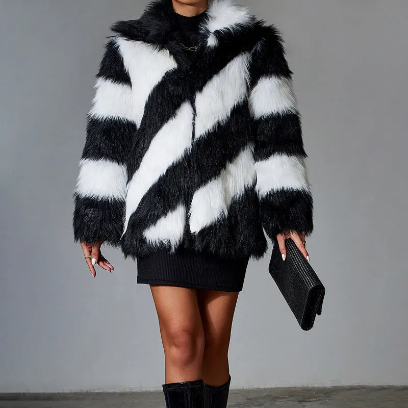 Lapel contrast colour faux fur coat with a textured fur collar, shown in a normal 50cm length.