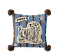 Blue cartoon animal print sofa cushion pillow on a sofa next to a brown one.
