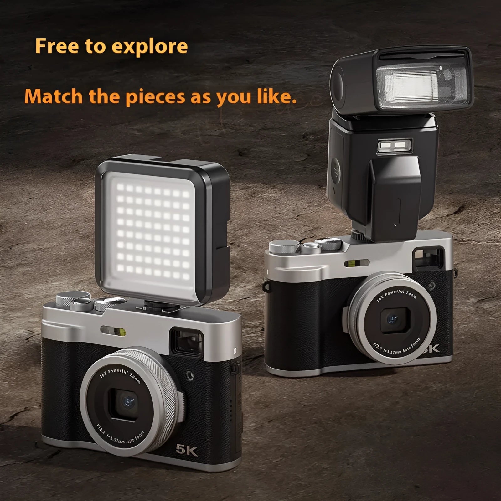 Black 5K HD digital camera with front and rear lenses, optical viewfinder, and 2.88-inch screen on a table.