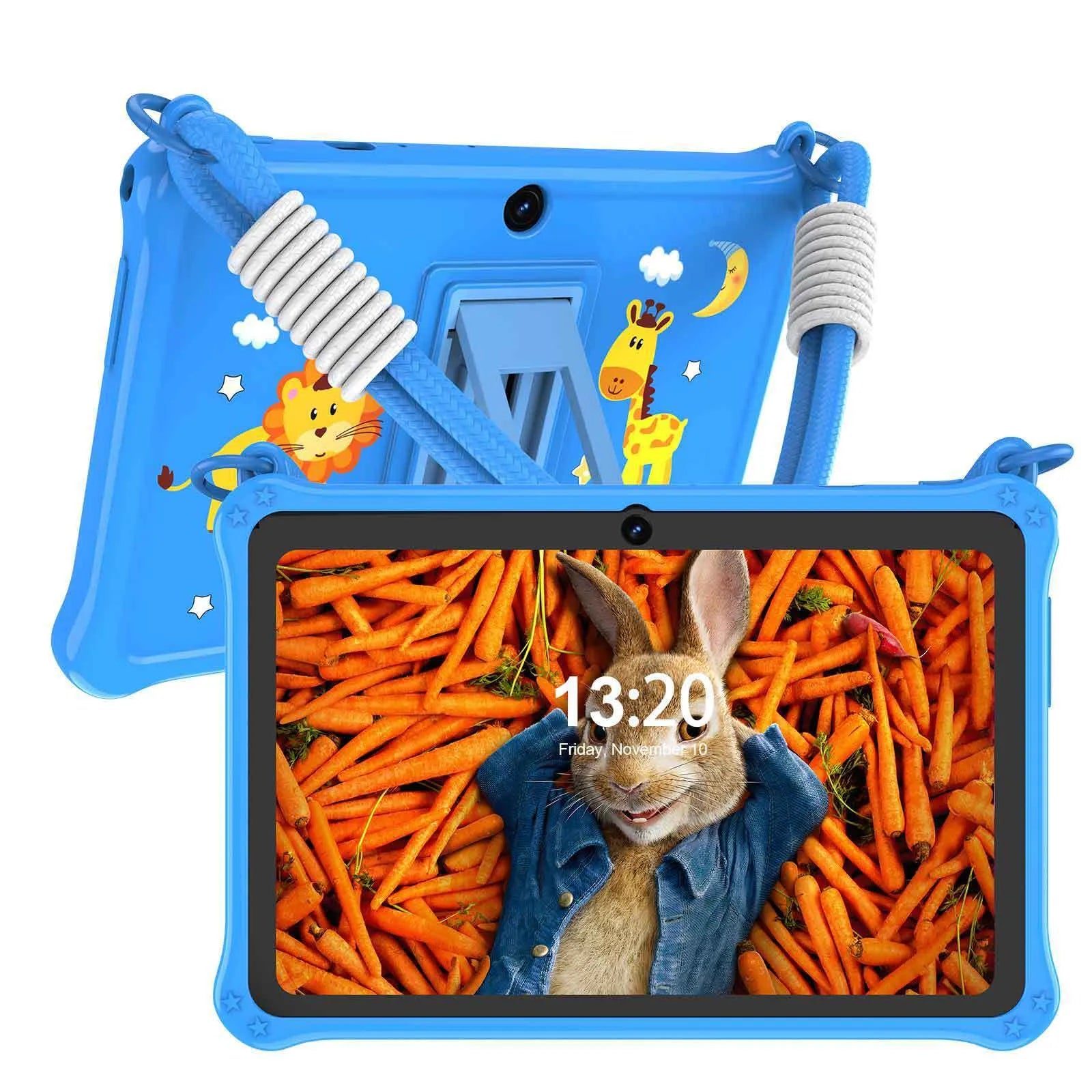 7-inch children's silicone tablet case with flat strap in sapphire blue or dark pink colour options