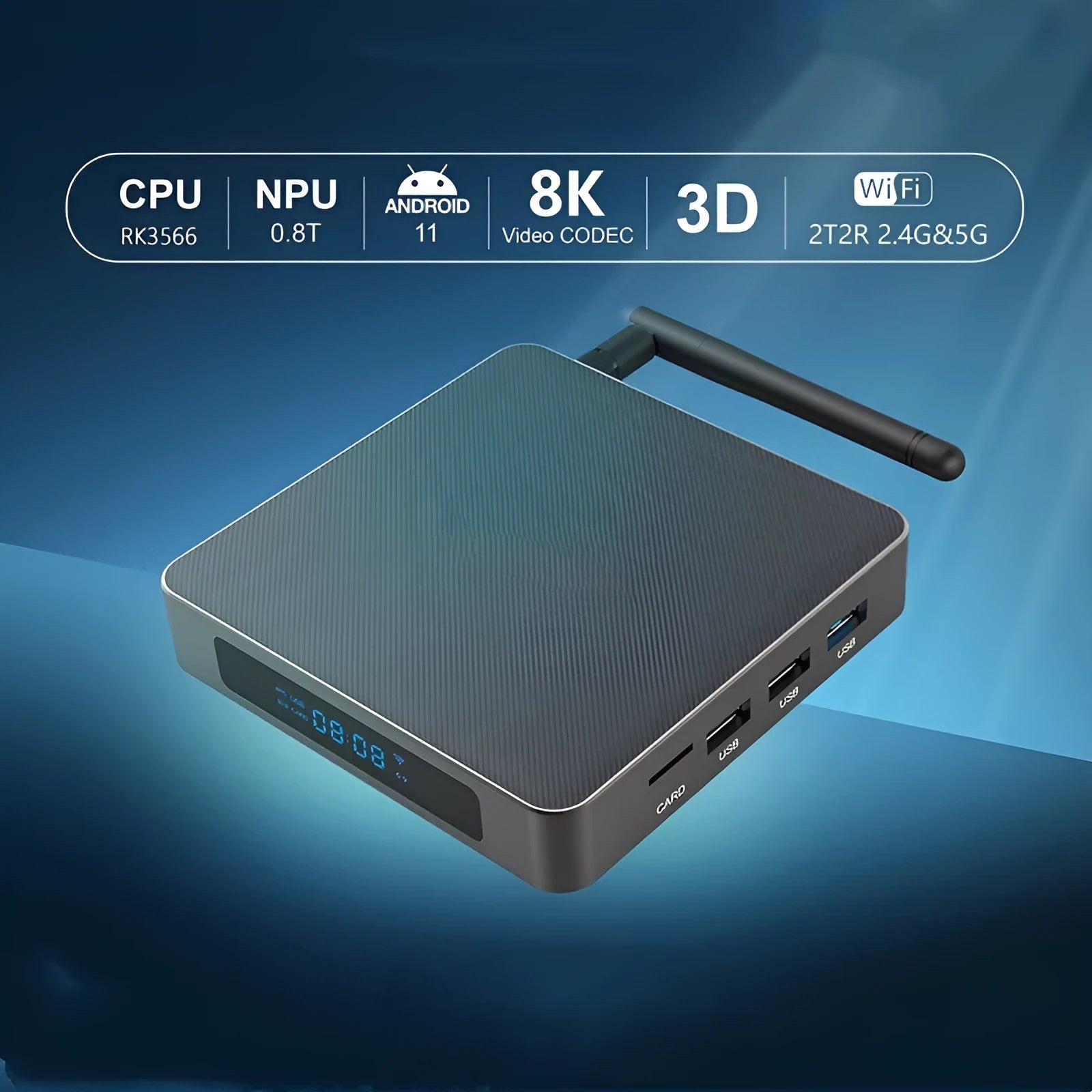 Android smart TV box with 8K output, RK3566 processor, and compact square design