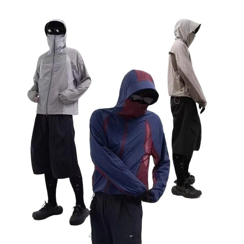 Mesh stitching thin sun protective clothes in desert brown, light gray, red and blue colours with nylon fabric construction