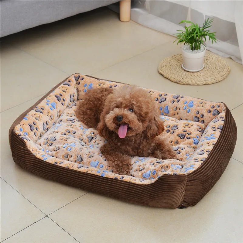 Soft plush dog bed for small pets in beige, shown in a basket-style design with raised bolsters.