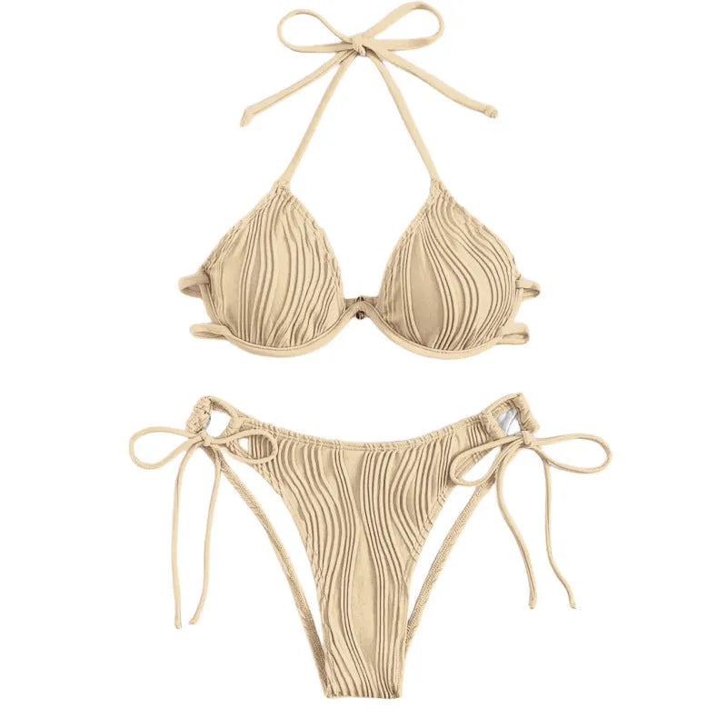 Women's apricot coloured bikini swimsuit with underwire support on a mannequin.