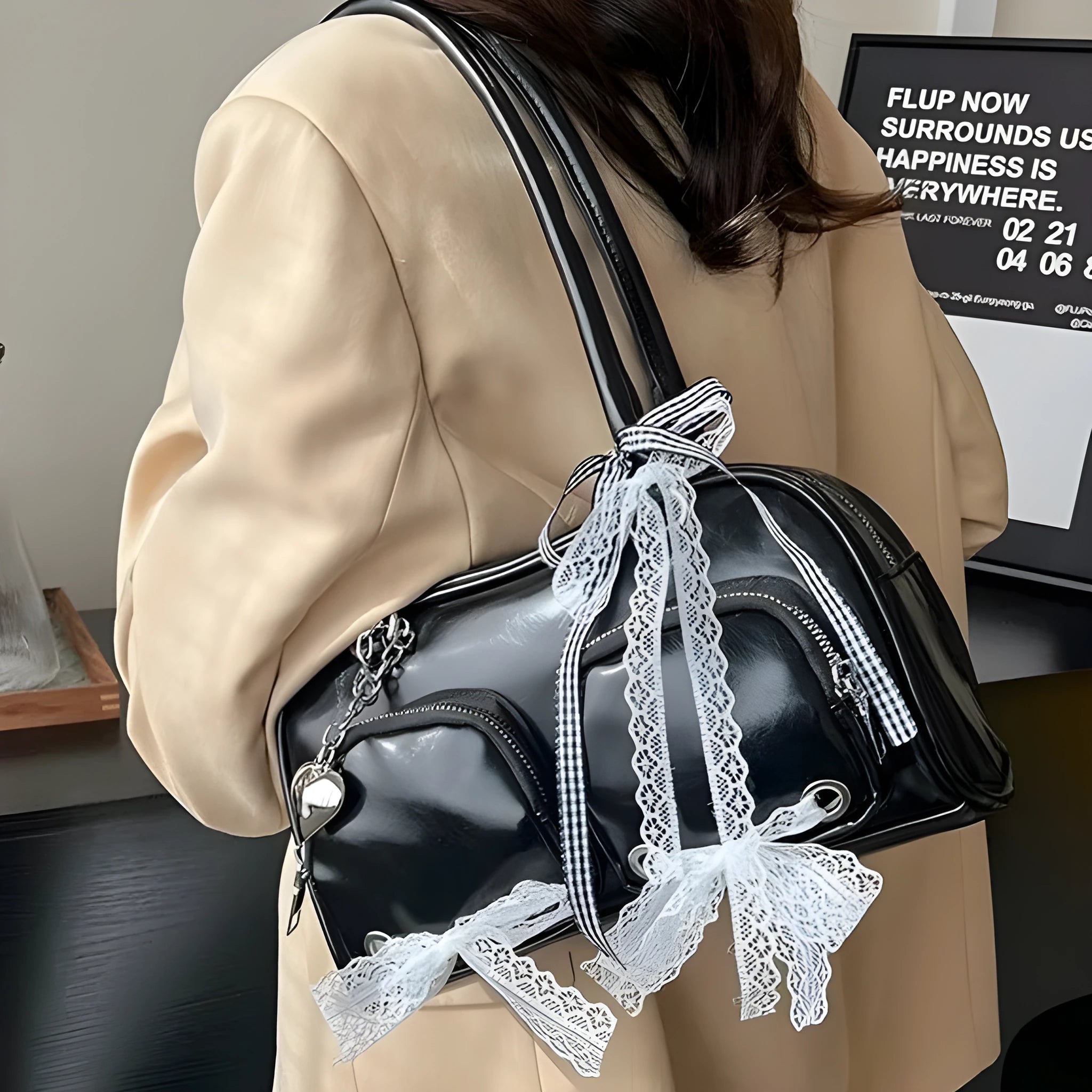 Large capacity PU shoulder bag in beige with double shoulder straps and internal mobile phone compartment