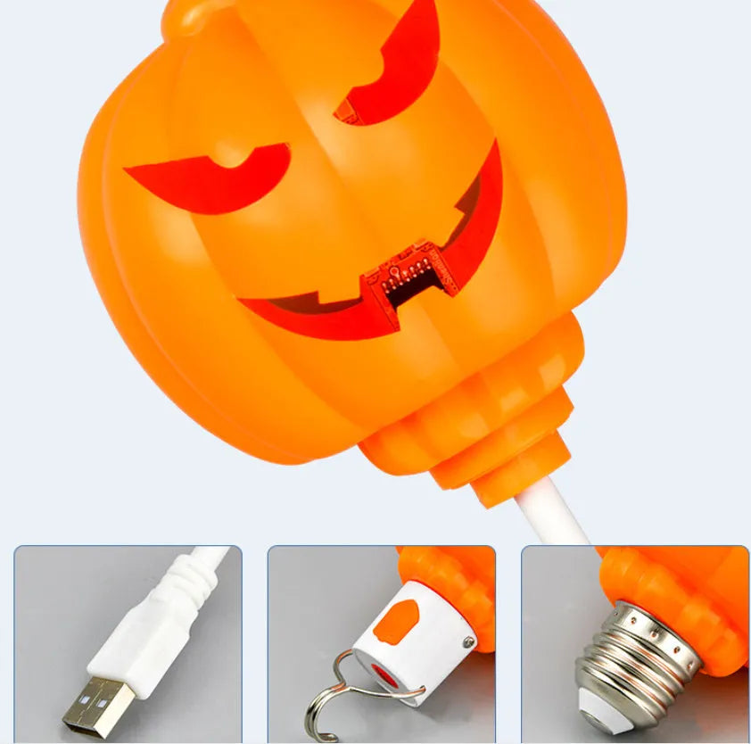 Plastic pumpkin-shaped decorative lamp with USB charging port, shown with purple or yellow light option.