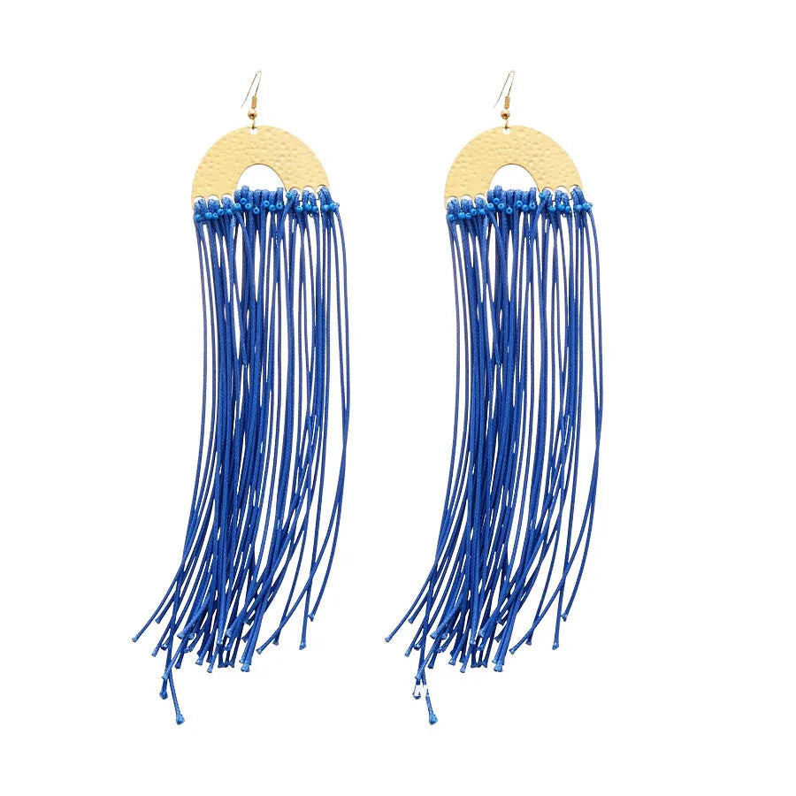 Geometric women's earrings with cloth construction and silver needle-blue resin flower colour
