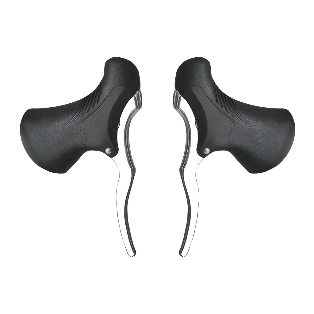 Pair of aluminium alloy road bicycle brake handles in black silver finish, showing lever and clamp.