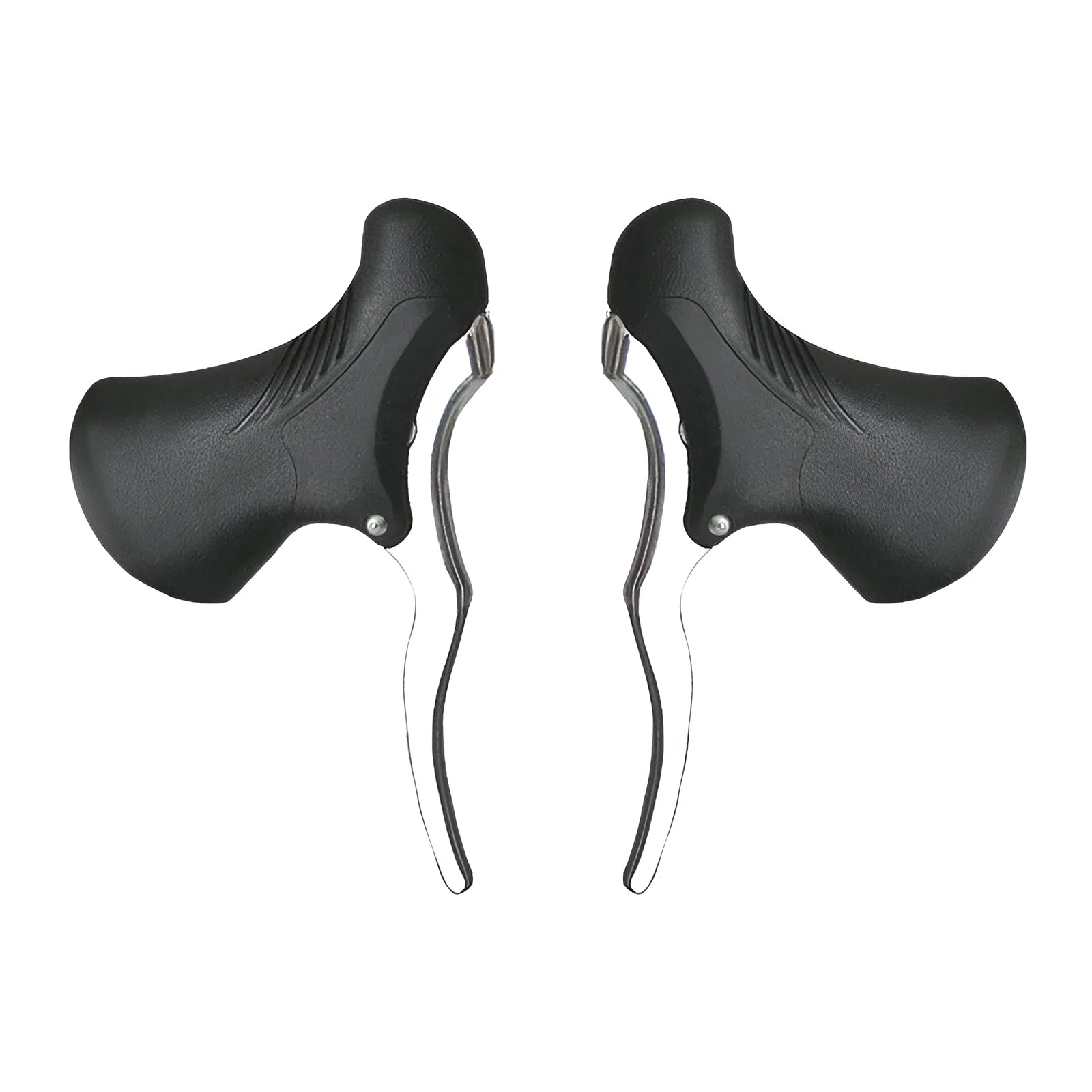 Pair of aluminium alloy road bicycle brake handles in black silver finish, showing lever and clamp.