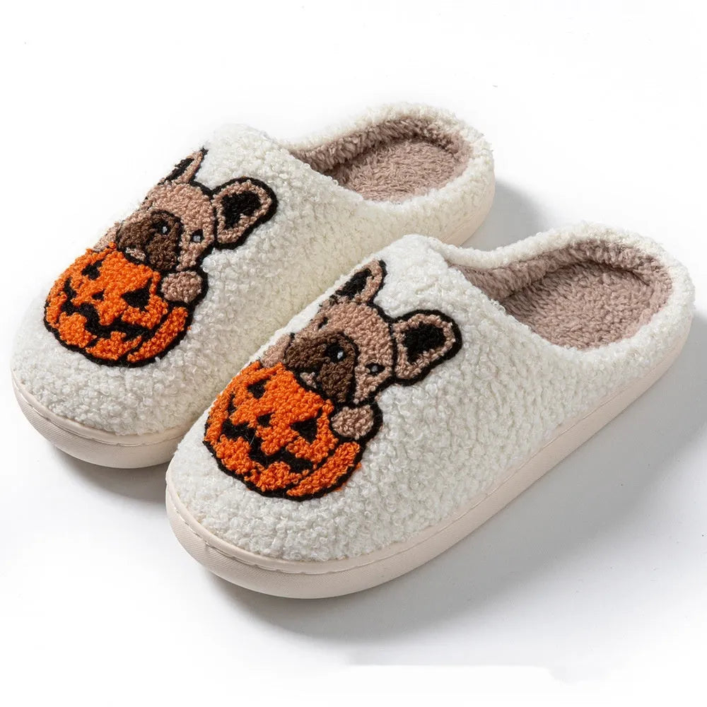 Black and white Halloween pumpkin slippers with plush upper and non-slip TPR soles