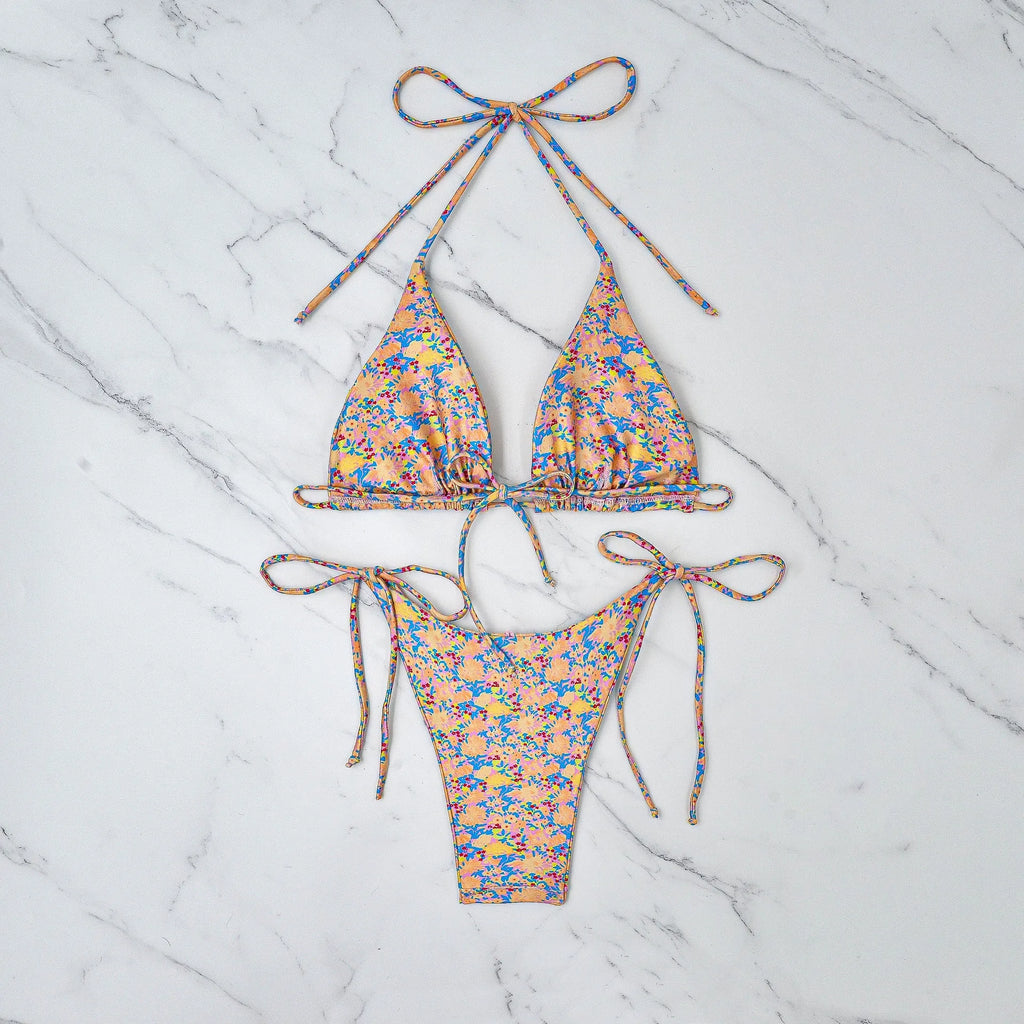 Lace-up bikini swimsuit with European American split design and backless briefs cut