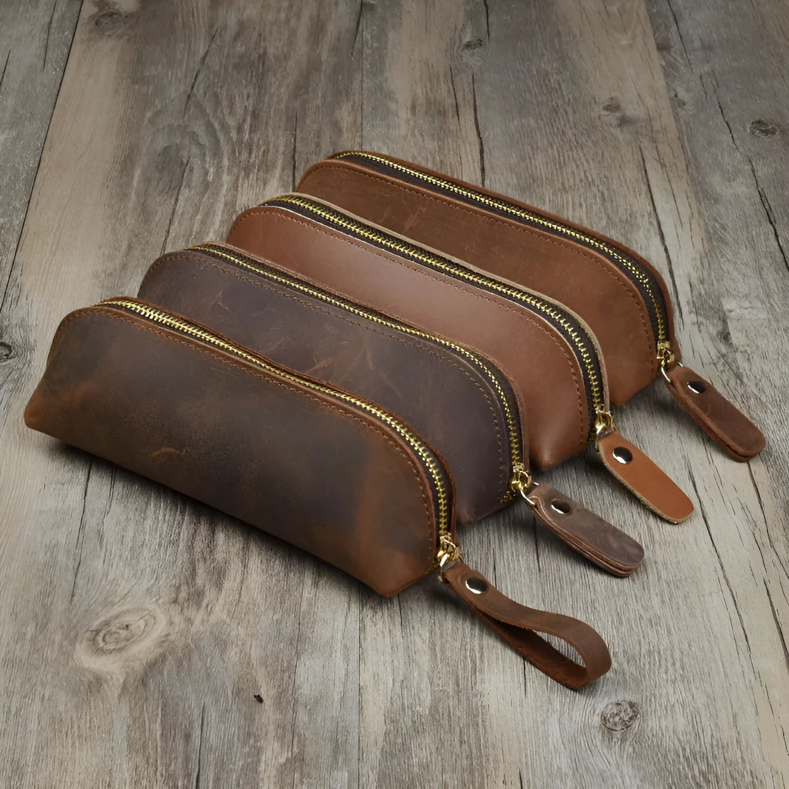 Square brown genuine cowhide leather pencil case with zipper closed