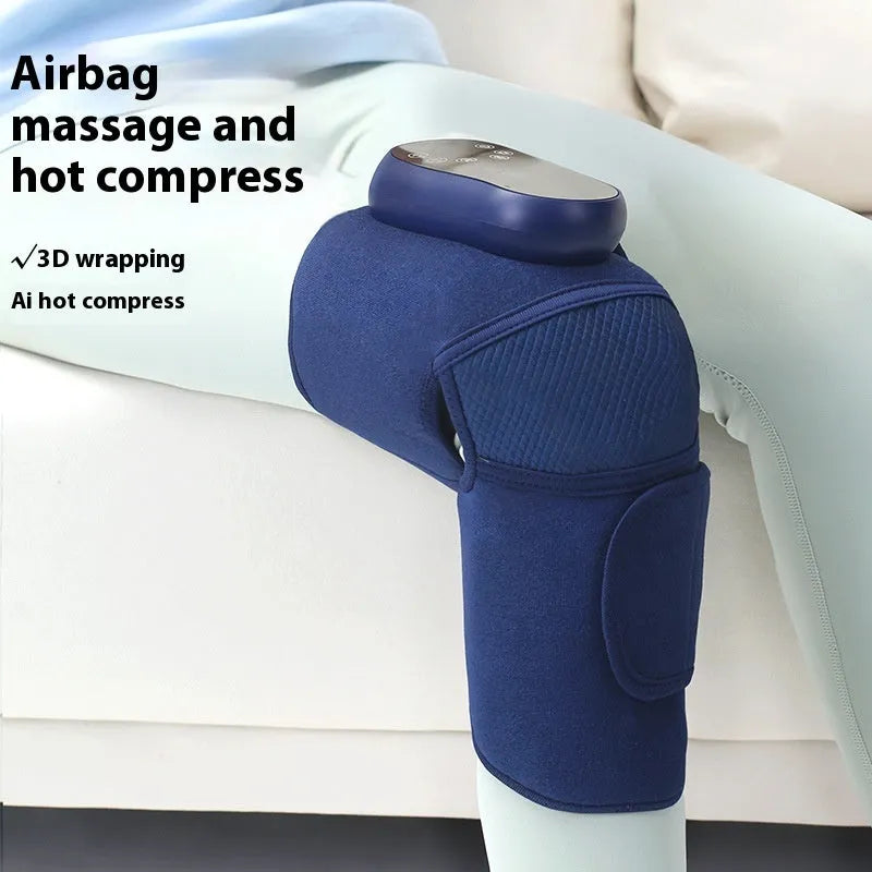 Airbag Blue self-heating knee massager with vibration and air pressure compression functions.