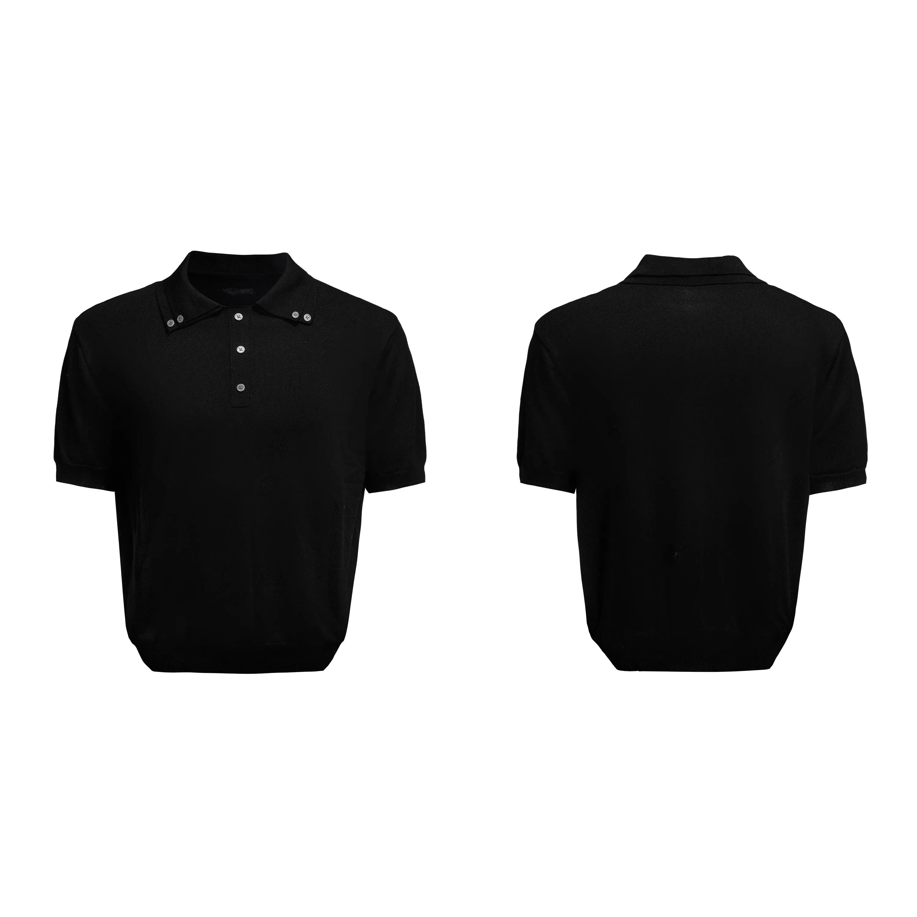 Men's black double collar polyester short sleeve shirt with loose fit design
