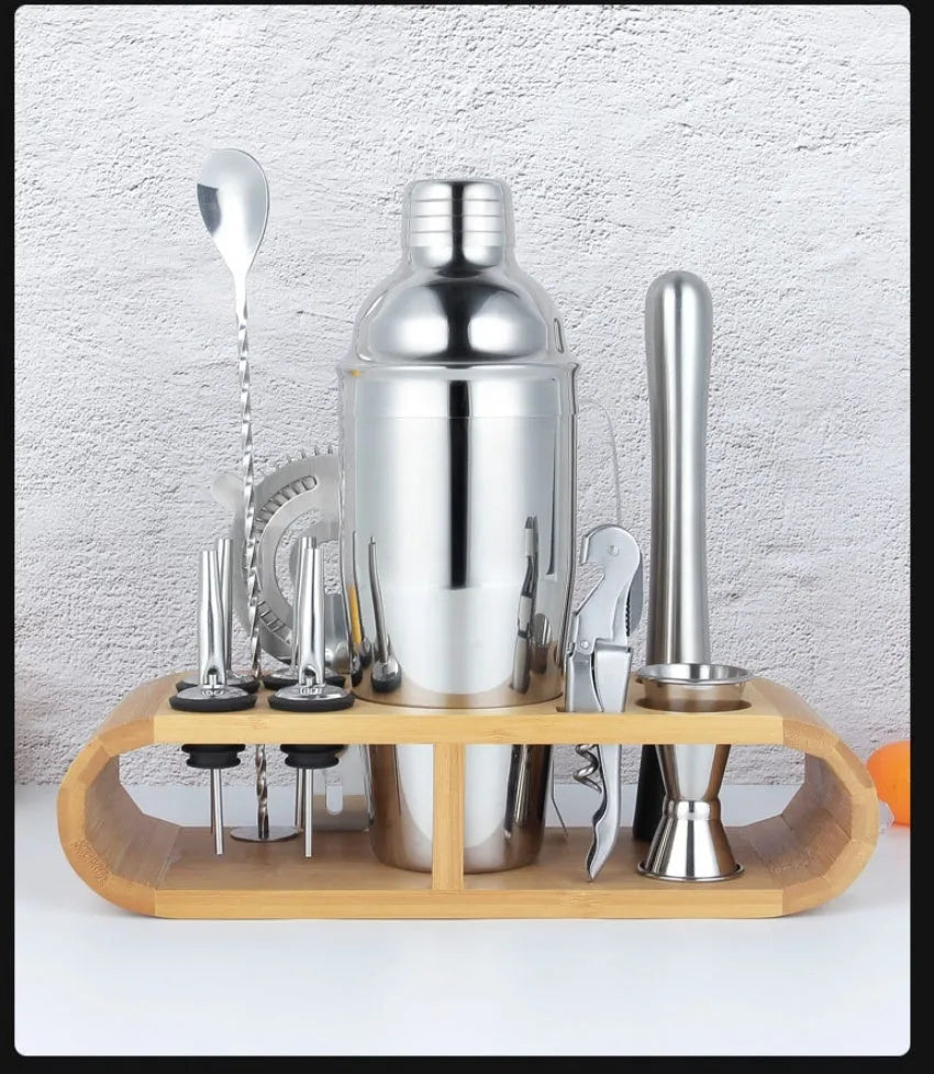 23-piece acrylic-European style stainless steel cocktail shaker and bar tool set.