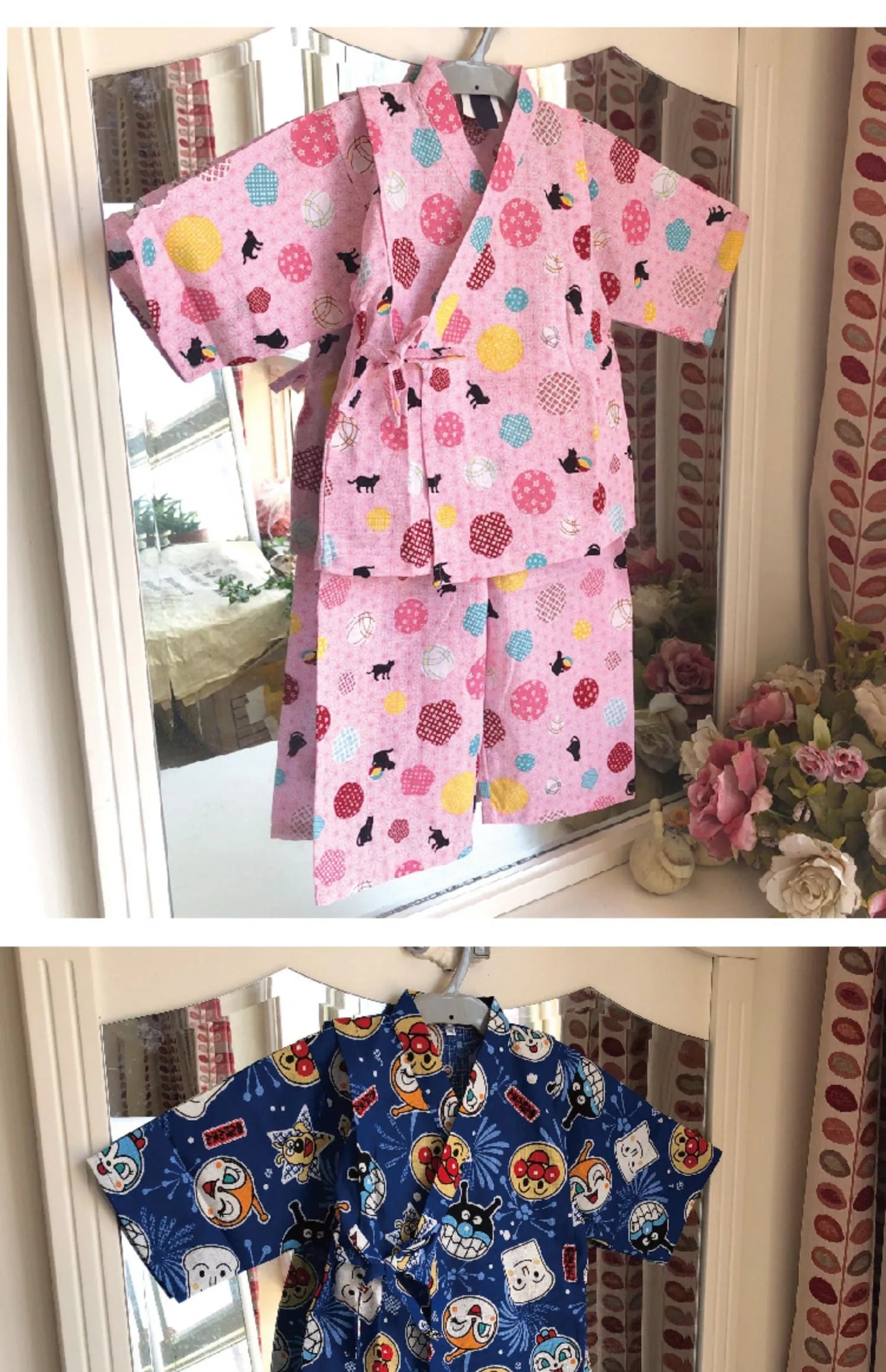 Pink cotton girls pajama set with long sleeves and floral ball cat cartoon print