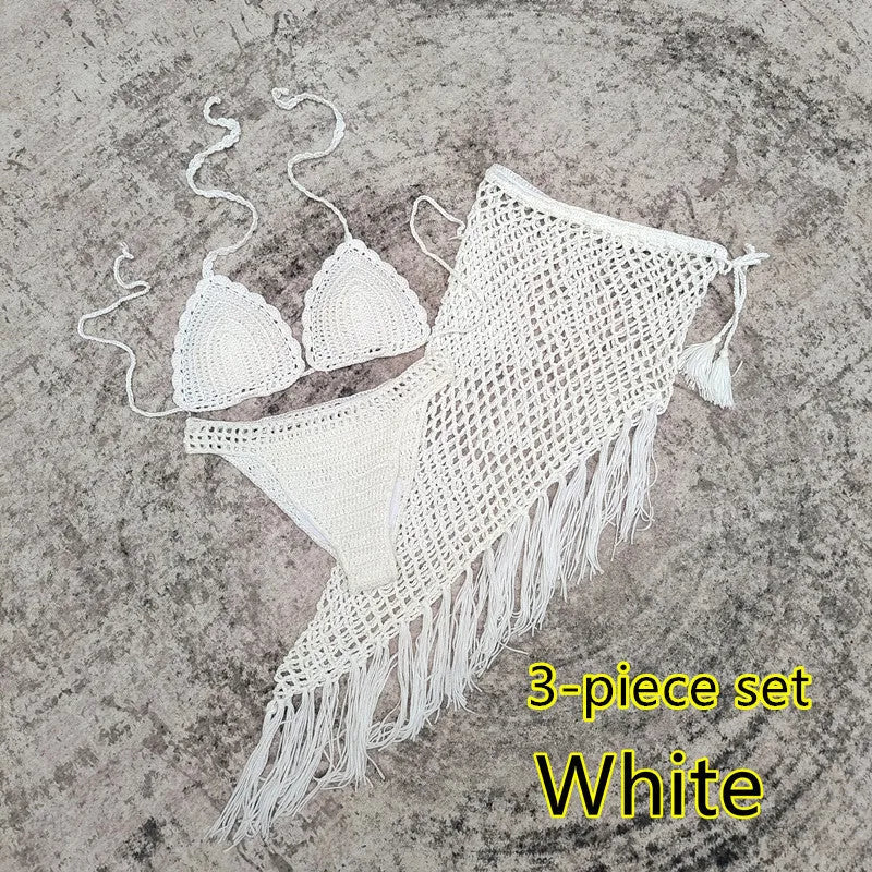 Women's 3-piece handmade crochet bikini set with nylon lining in solid colour options for beach and swimming.