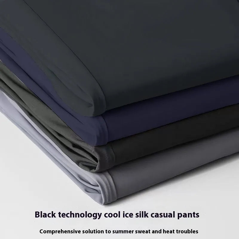 Men's loose-fit ice silk casual trousers in black, shown front and back.