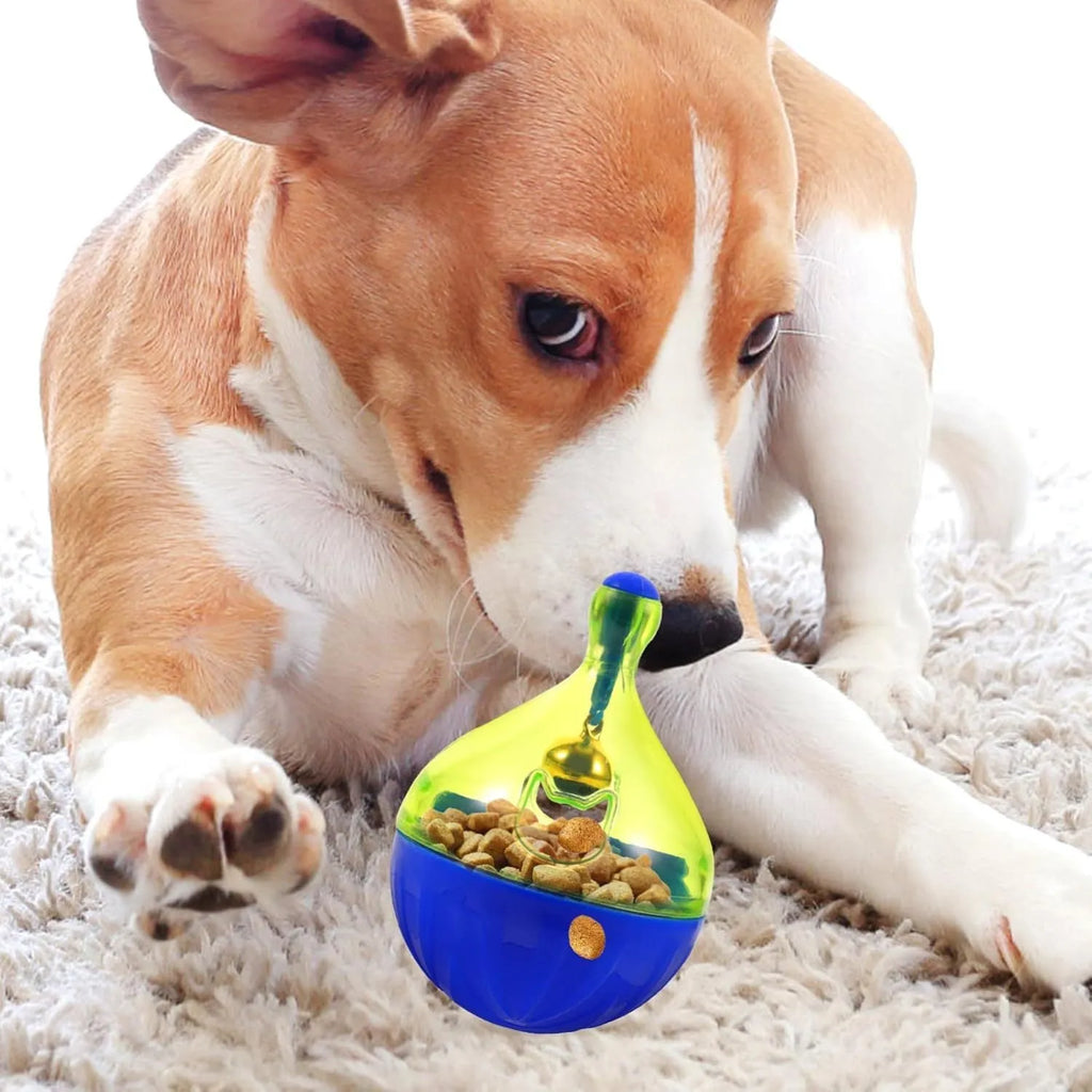 White tumbler-shaped dog and cat treat dispenser toy on a wooden floor