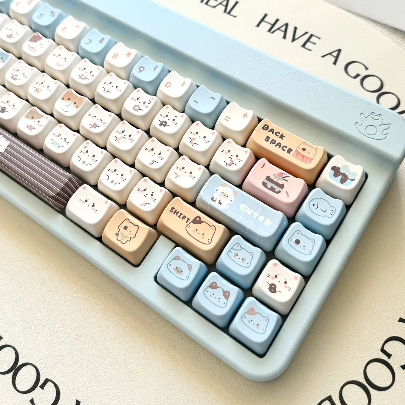 Sea Salt Cat themed PBT keycap set for mechanical keyboards with 7u space bar supplement