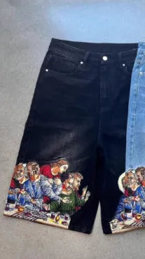 Blue men's cotton tapered shorts featuring a Jesus print on the back pocket.