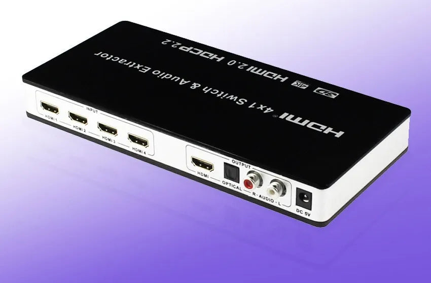 Black HDMI audio video switch with four inputs and one output, remote control, power adapter, and instruction manual