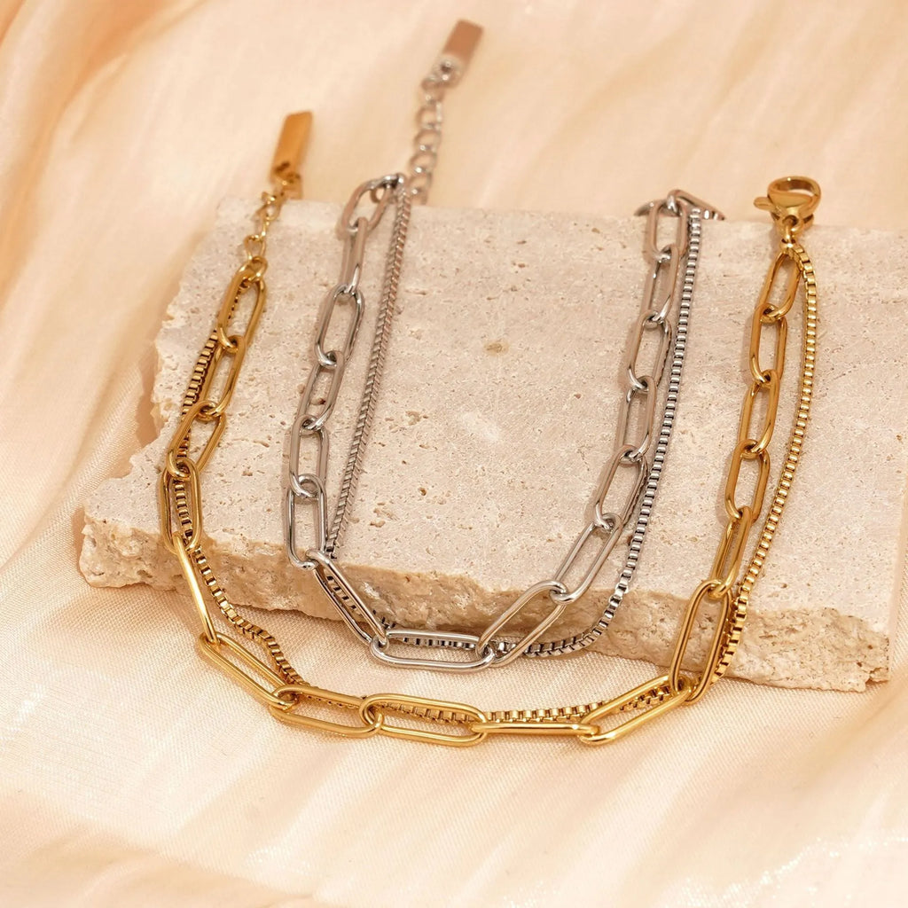 Double layer twin titanium steel women's bracelet with geometric design in gold or silver finish