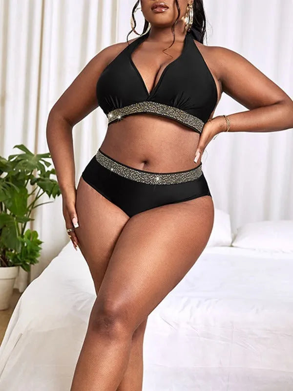 Black plus size women's two-piece polyester bikini swimsuit for swimming and hot spring use