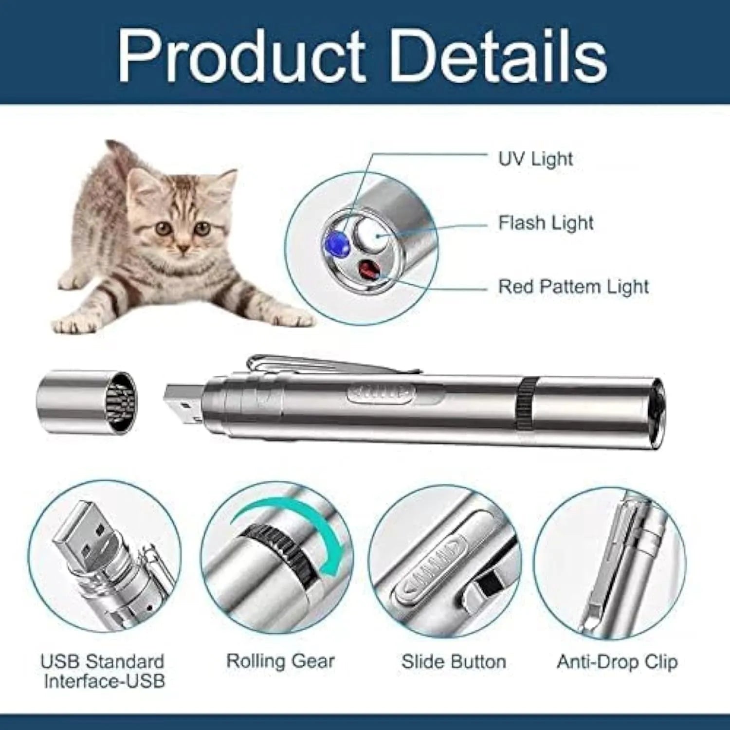 Silver aluminium cat laser pointer toy showing light patterns on a wall.