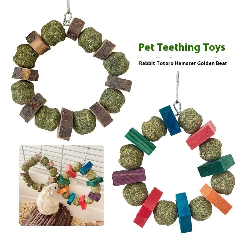 Hamster decorative toy with straw ball ring and applewood chewing rod for guinea pigs and rabbits