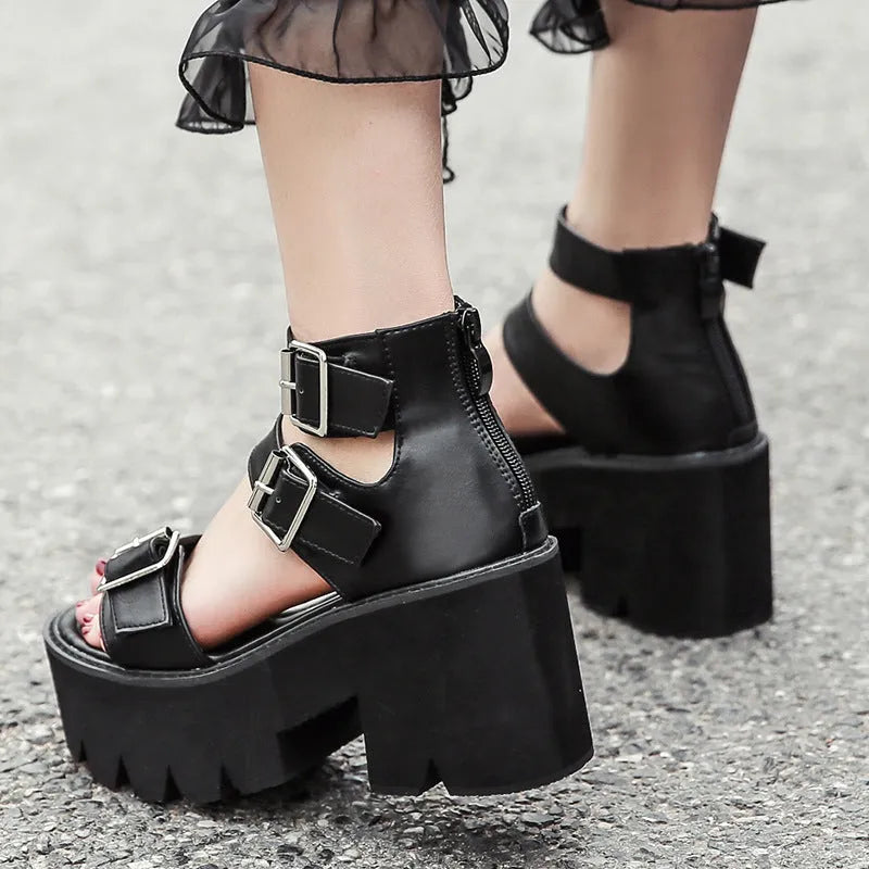Black punk Harajuku style women's platform sandals with chunky heel and back zipper