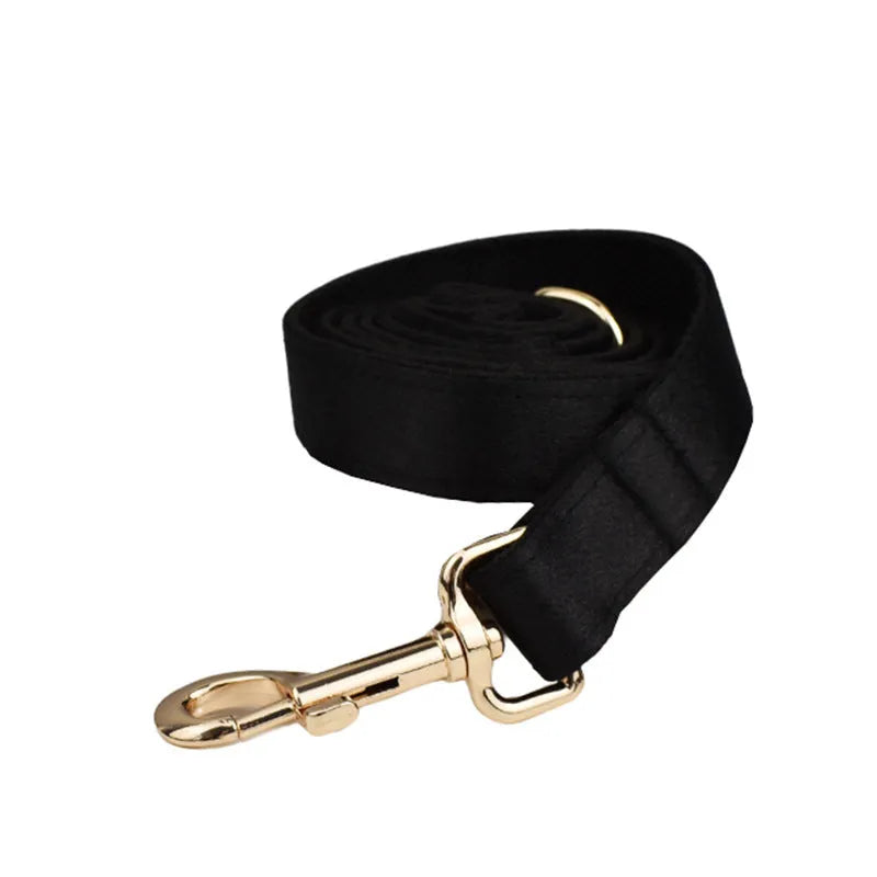 Complete dog walking set showing collar, leash, decorative bow, and vest piece in coordinated colours