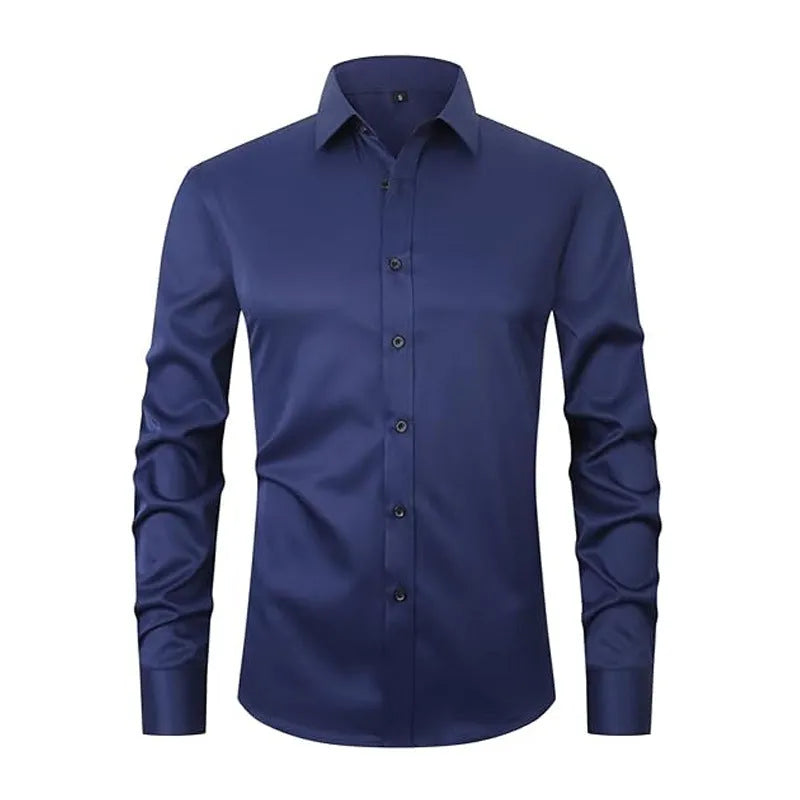 Men's polyester stretch long sleeve work shirt shown in multiple colour options with size chart