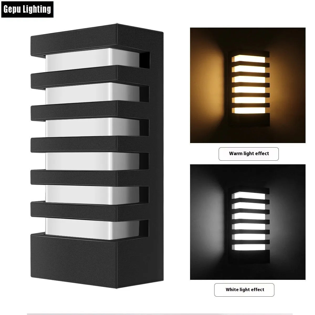 Modern minimalist outdoor wall lamp with aluminium shell and rectangular light panel.