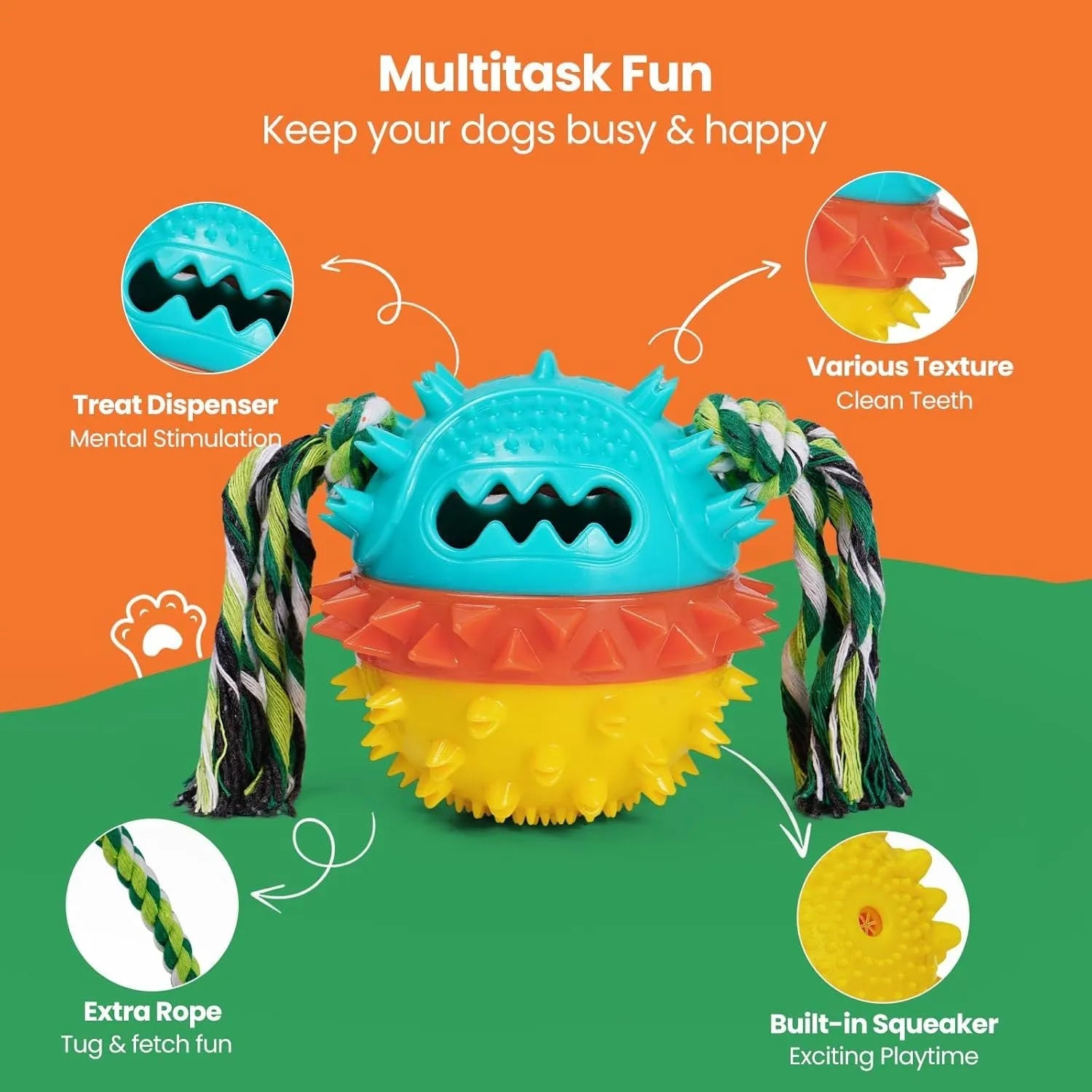 Blue and red TPR rubber squeaky dog ball toy with treat dispenser hole, for large aggressive chewers.
