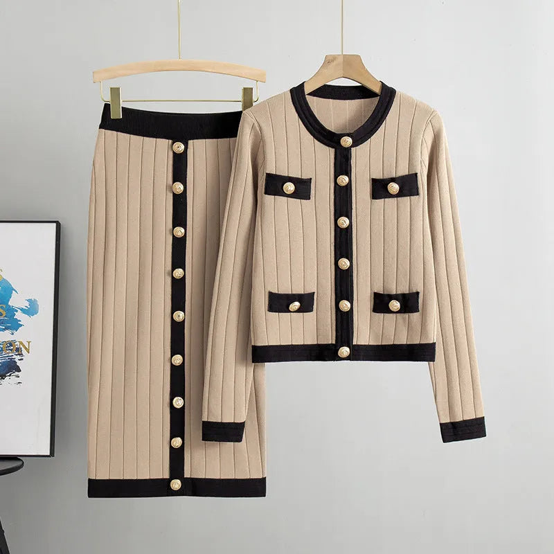 Women's contrast colour knitted cardigan and mid-length skirt two-piece set in viscose fibre with black colour option