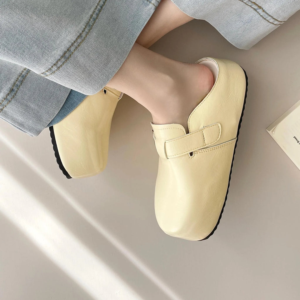 Flat buckle casual sneakers with round toe and PU leather upper in multiple colour options