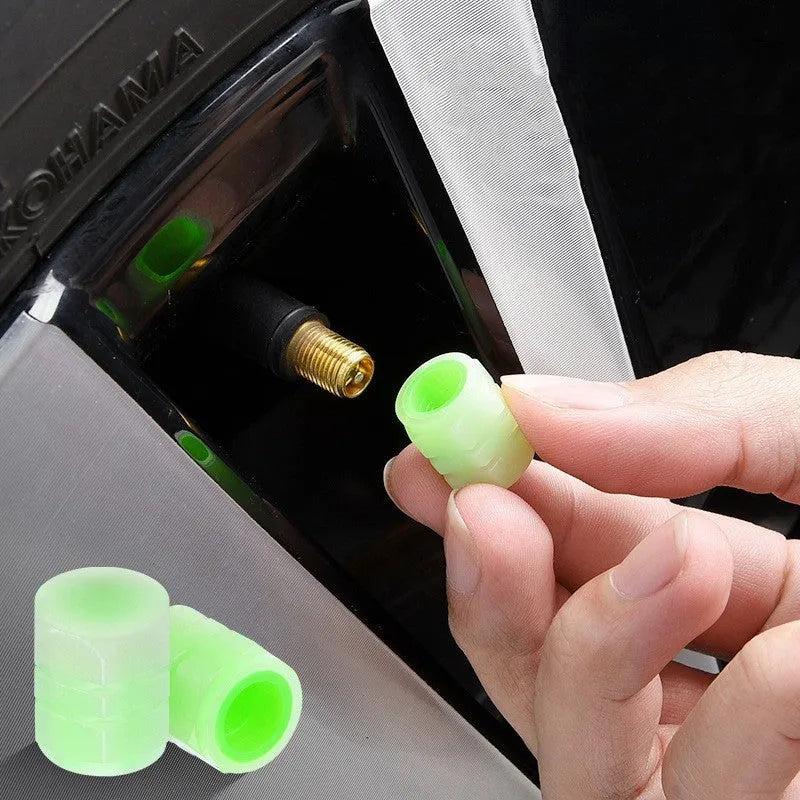 Car luminous valve caps showing glow feature and rubber construction with 16mm x 12mm dimensions