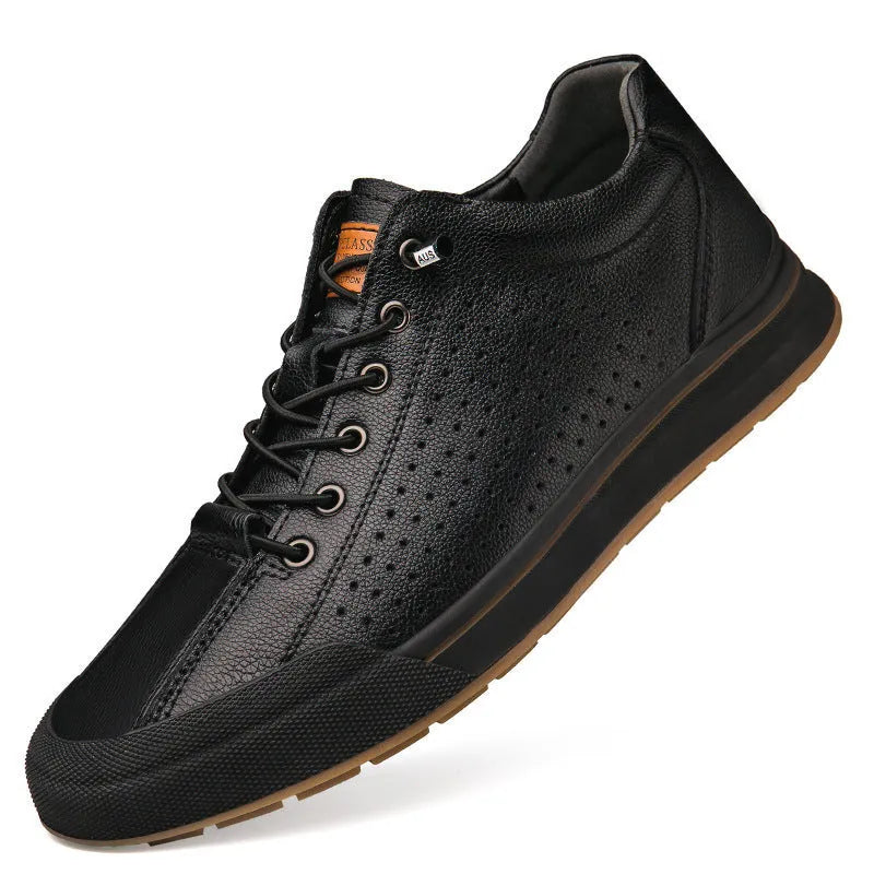 Men's white and black matte leather casual shoes with flat heel and round toe.