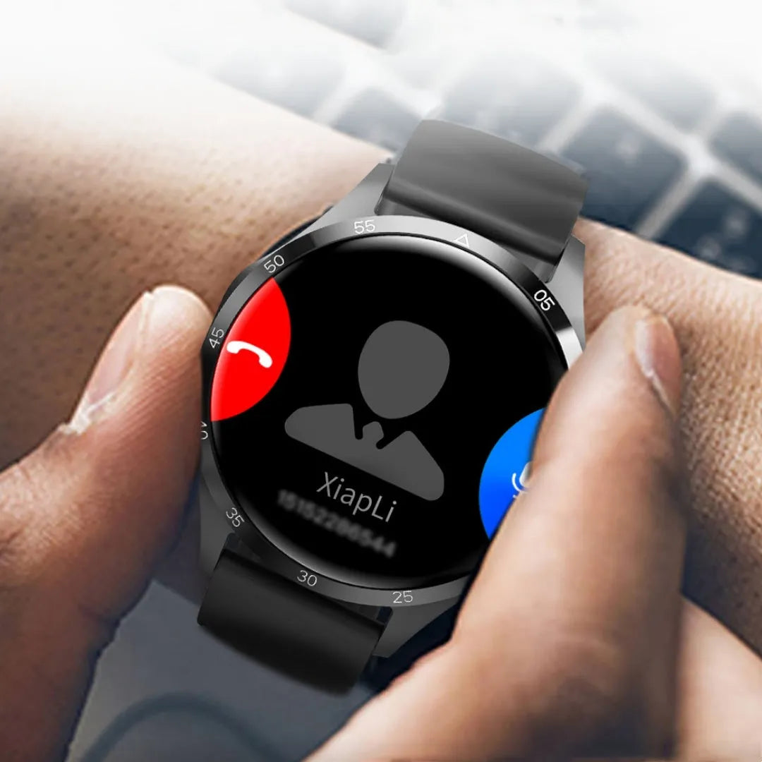 Black Bluetooth smartwatch with TFT touch screen shown with silicone and Milan net strap options.