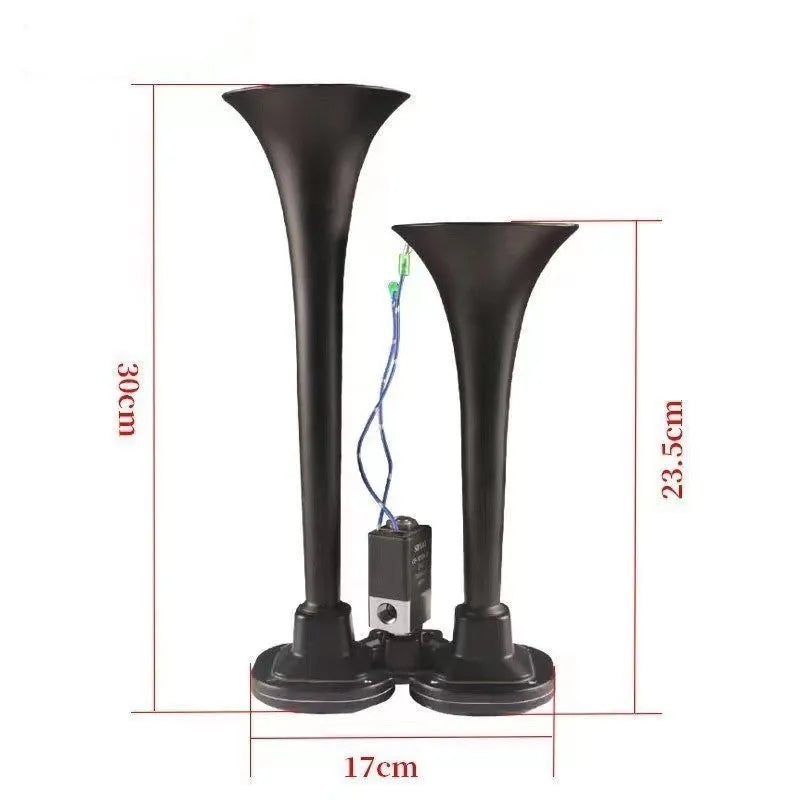 Black 12V 24V 300DB dual trumpet air horn and compressor kit for vehicles.