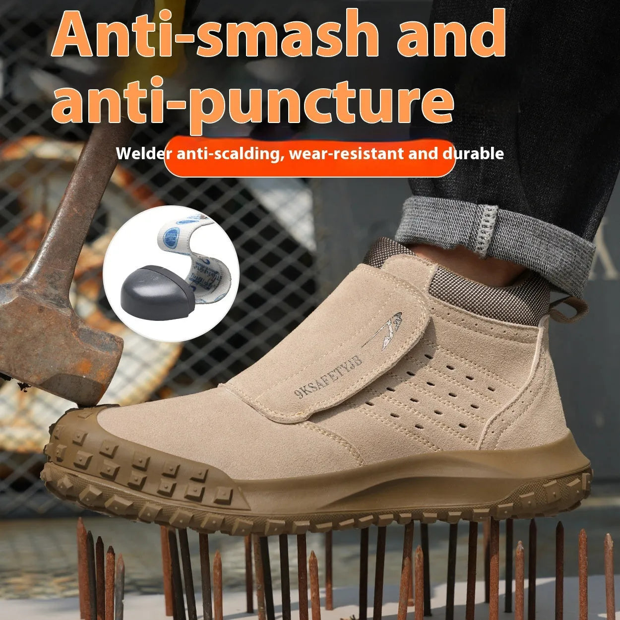 Lightweight grey welder safety shoe with steel toe cap and lace-up front on a worksite background.