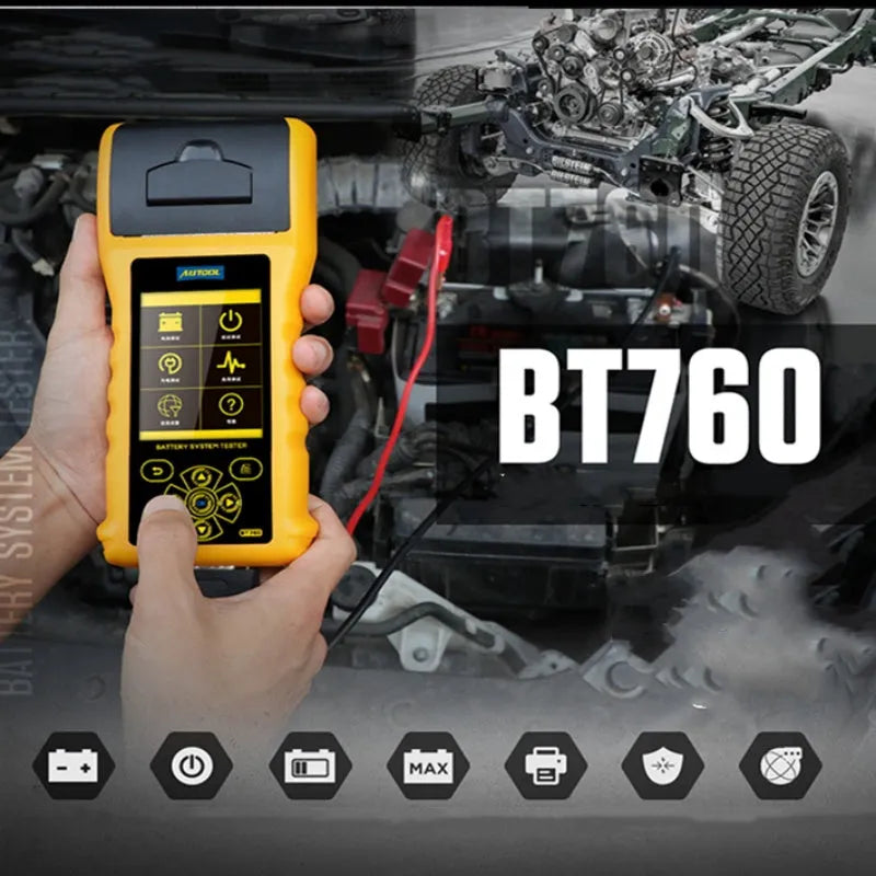 Autool BT760 colour screen vehicle battery tester with clip leads and printed diagnostic receipt.