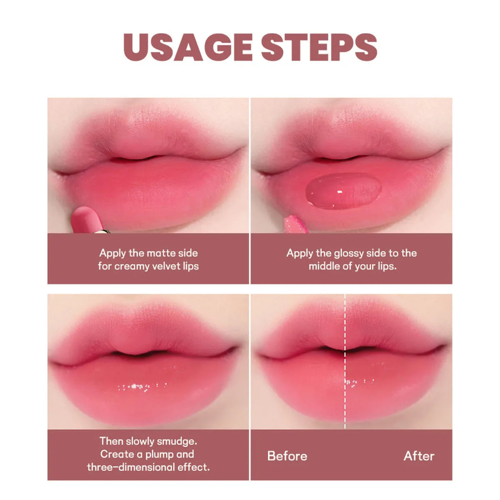 Double-headed lipstick and lip gloss in matte finish showing 10 different colour options