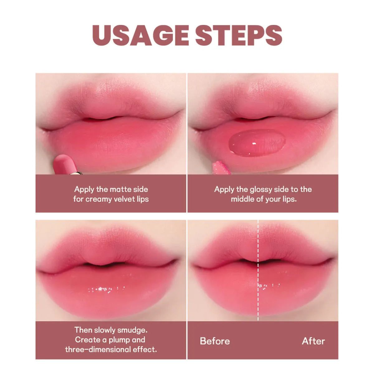 Double-headed lipstick and lip gloss in matte finish showing 10 different colour options