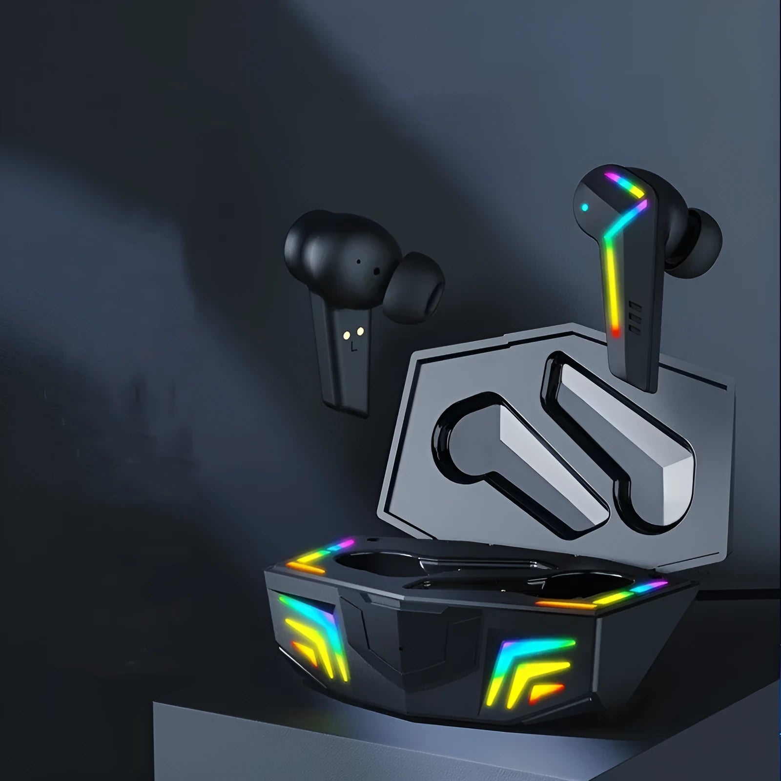 Black low latency TWS Bluetooth sports headset with NFC and earplug design on a dark background.