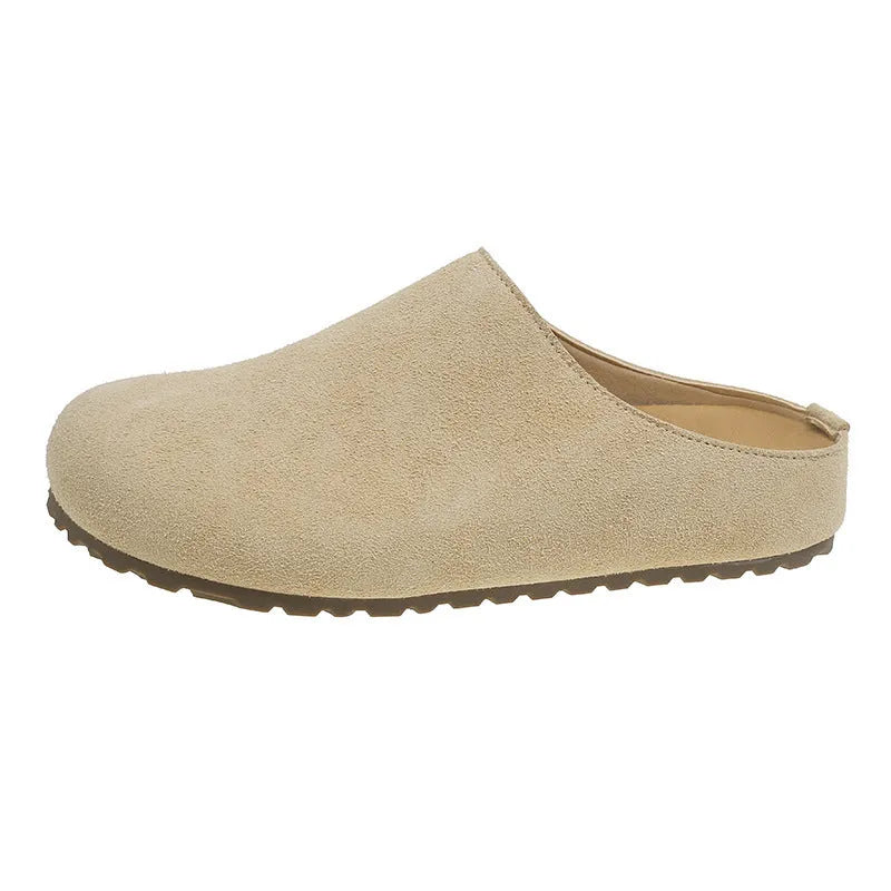 Korean-style outdoor slip-on slippers in apricot colour with square toe and microfiber construction