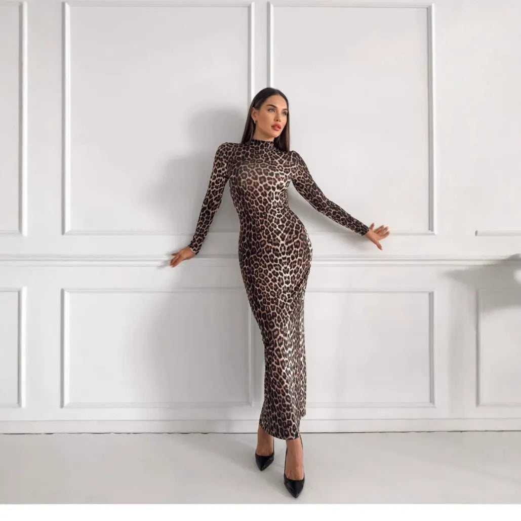 Leopard print long sleeve dress with stand collar and high-waisted knee-length skirt.
