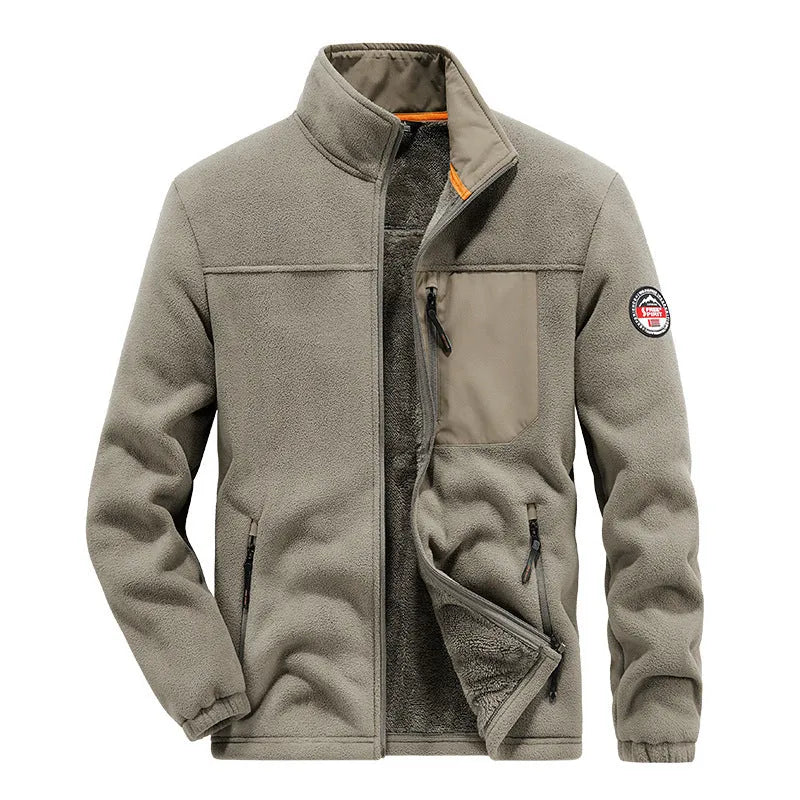 Men's solid colour fleece cardigan jacket with zipper pockets shown in grey.